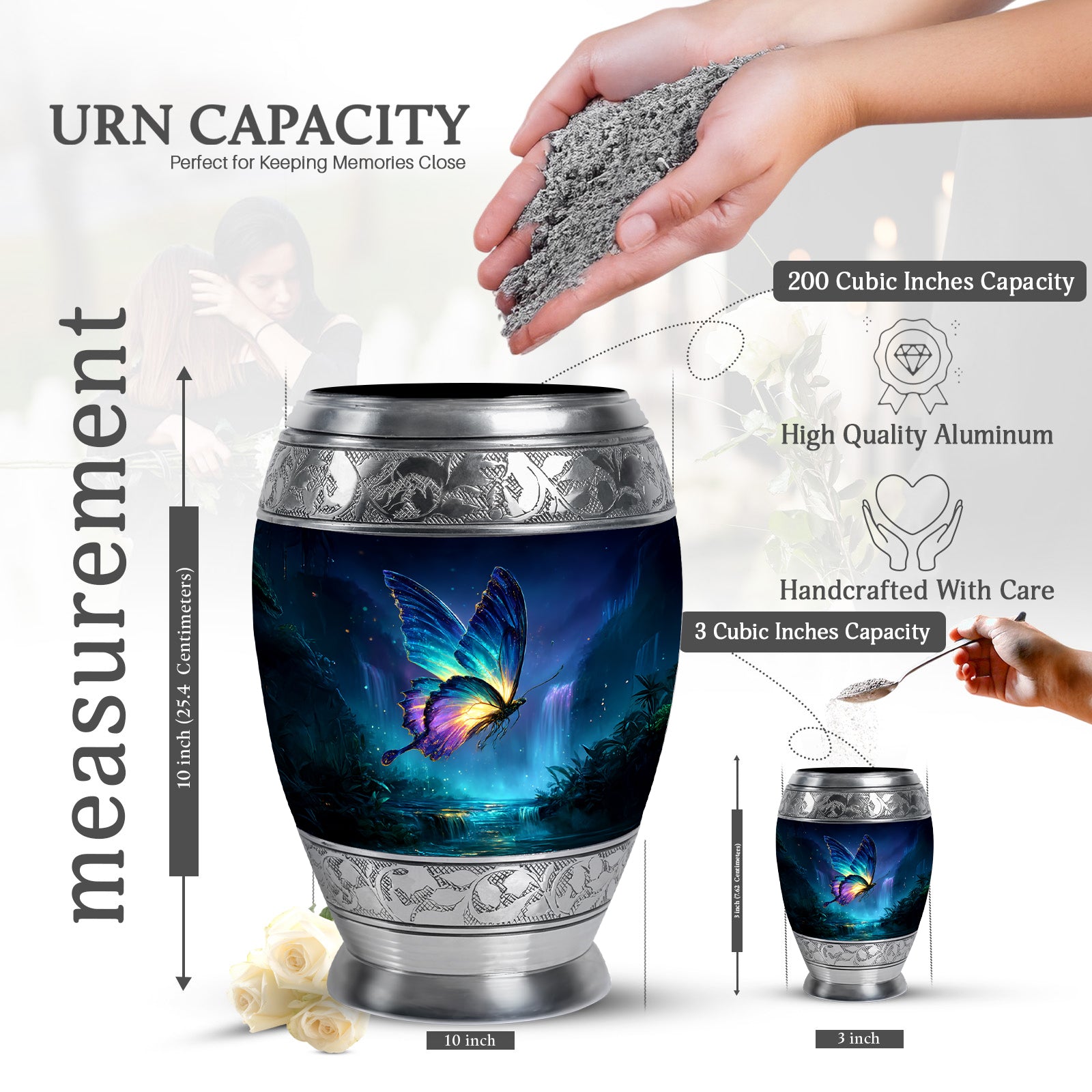 Pastel Blue Butterfly Cremation Urn lifestyle display on memorial shelf - ornate monarch-style butterfly relief on brushed aluminum - mini keepsake memorial for portion of cremation ashes