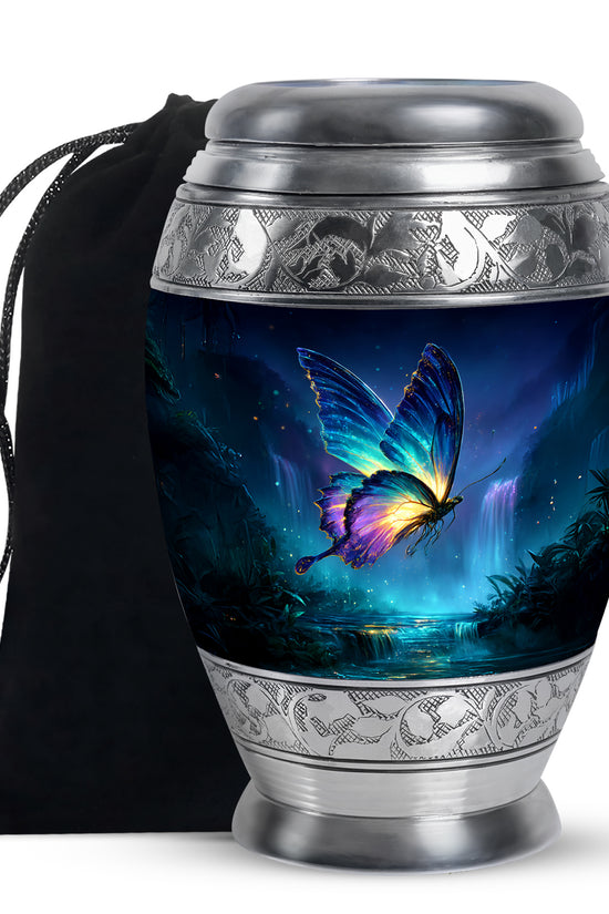 Azure Butterfly Cremation Urn back view with polished surface - ornate monarch-style butterfly relief on brushed aluminum - full-size 10 inch 200 cubic inch adult cremation urn