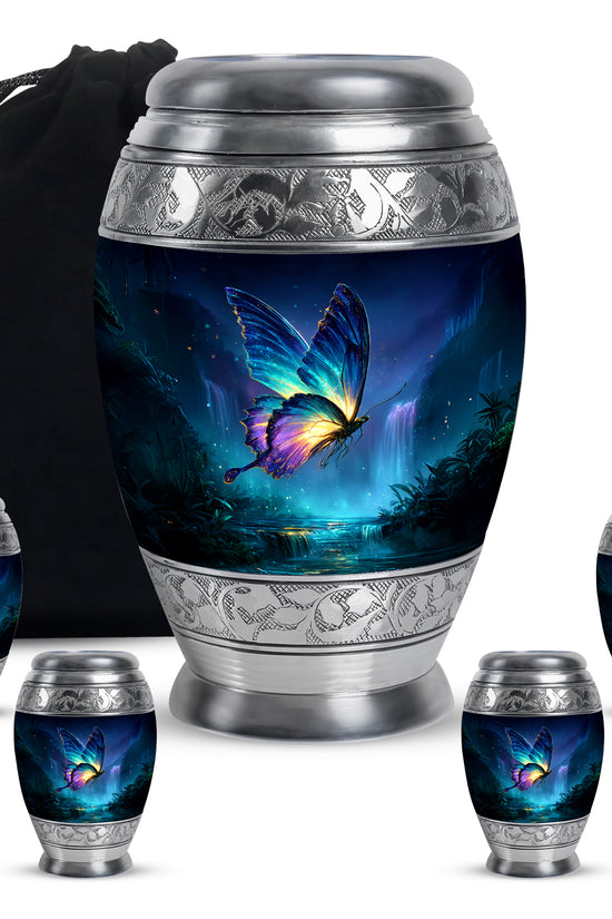 Cobalt Blue Butterfly Cremation Urn detail view - royal butterfly engraving with decorative scrollwork - memorial set with one large and four small urns