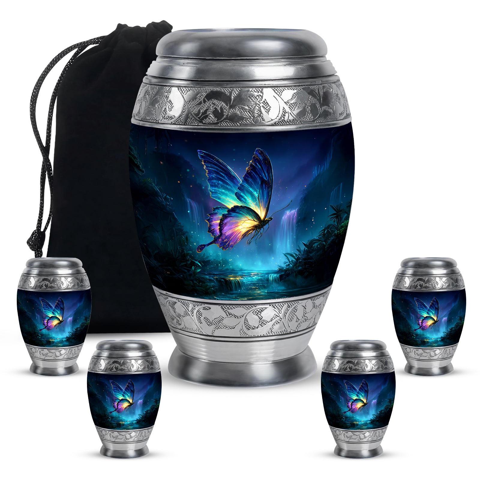 Cobalt Blue Butterfly Cremation Urn detail view - royal butterfly engraving with decorative scrollwork - memorial set with one large and four small urns