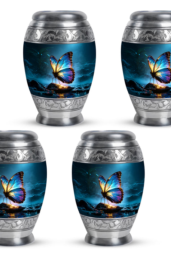 Misty Blue Butterfly Cremation Urn urn with complimentary velvet bag - ornate monarch-style butterfly relief on brushed aluminum - 10 inch aluminum urn for cremated remains