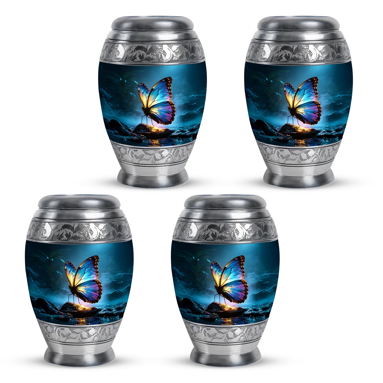 Misty Blue Butterfly Cremation Urn urn with complimentary velvet bag - ornate monarch-style butterfly relief on brushed aluminum - 10 inch aluminum urn for cremated remains