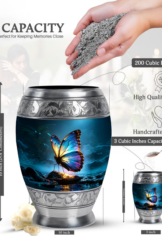 Cornflower Blue Butterfly Cremation Urn lifestyle display on memorial shelf - majestic butterfly pattern with filigree border - mini keepsake memorial for portion of cremation ashes