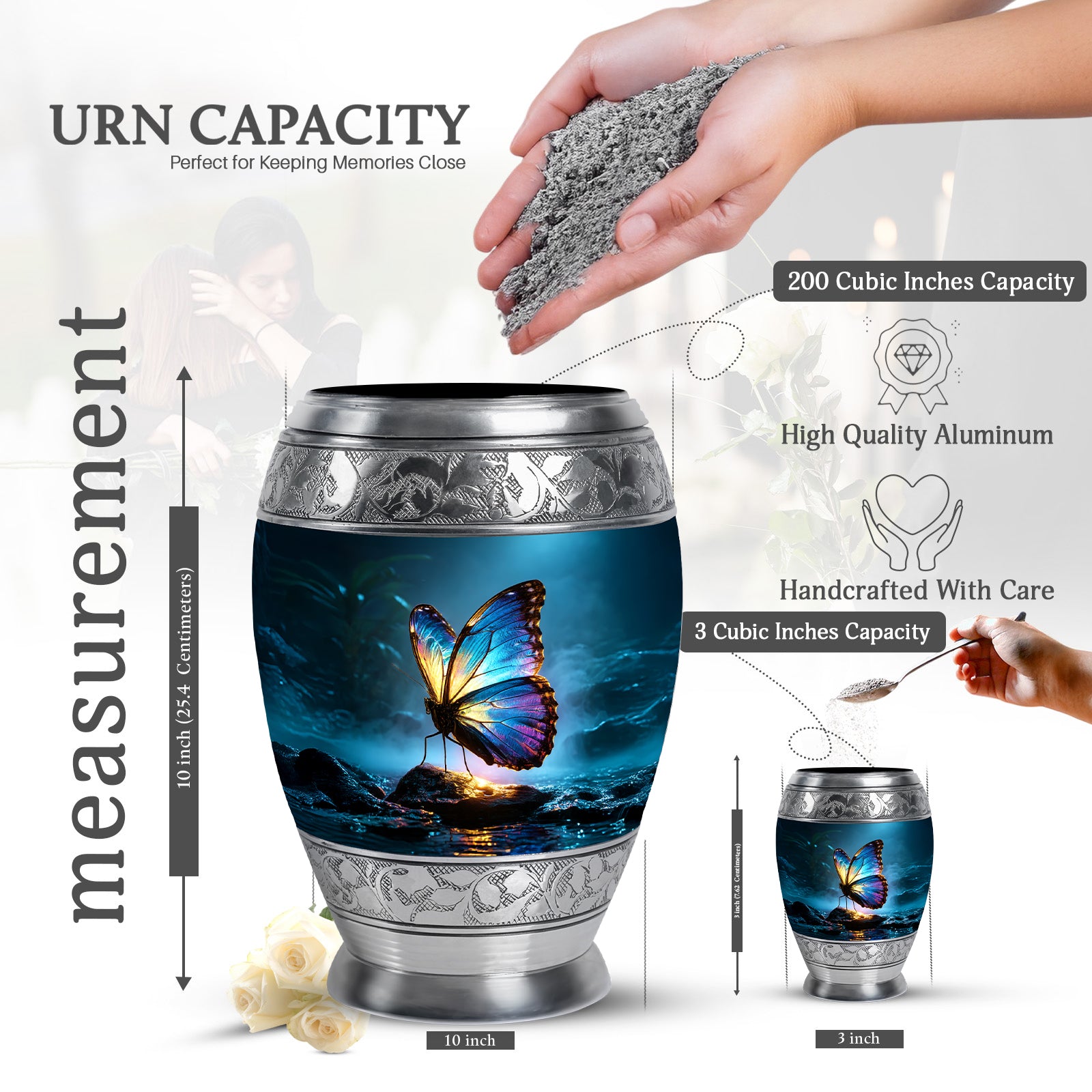 Cornflower Blue Butterfly Cremation Urn lifestyle display on memorial shelf - majestic butterfly pattern with filigree border - mini keepsake memorial for portion of cremation ashes