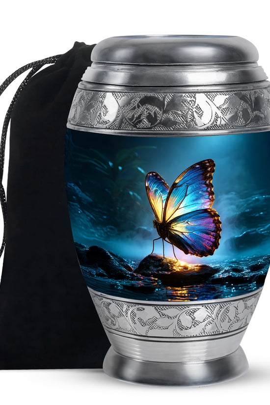Celestial Blue Butterfly Cremation Urn back view with polished surface - ornate monarch-style butterfly relief on brushed aluminum - full-size 10 inch 200 cubic inch adult cremation urn