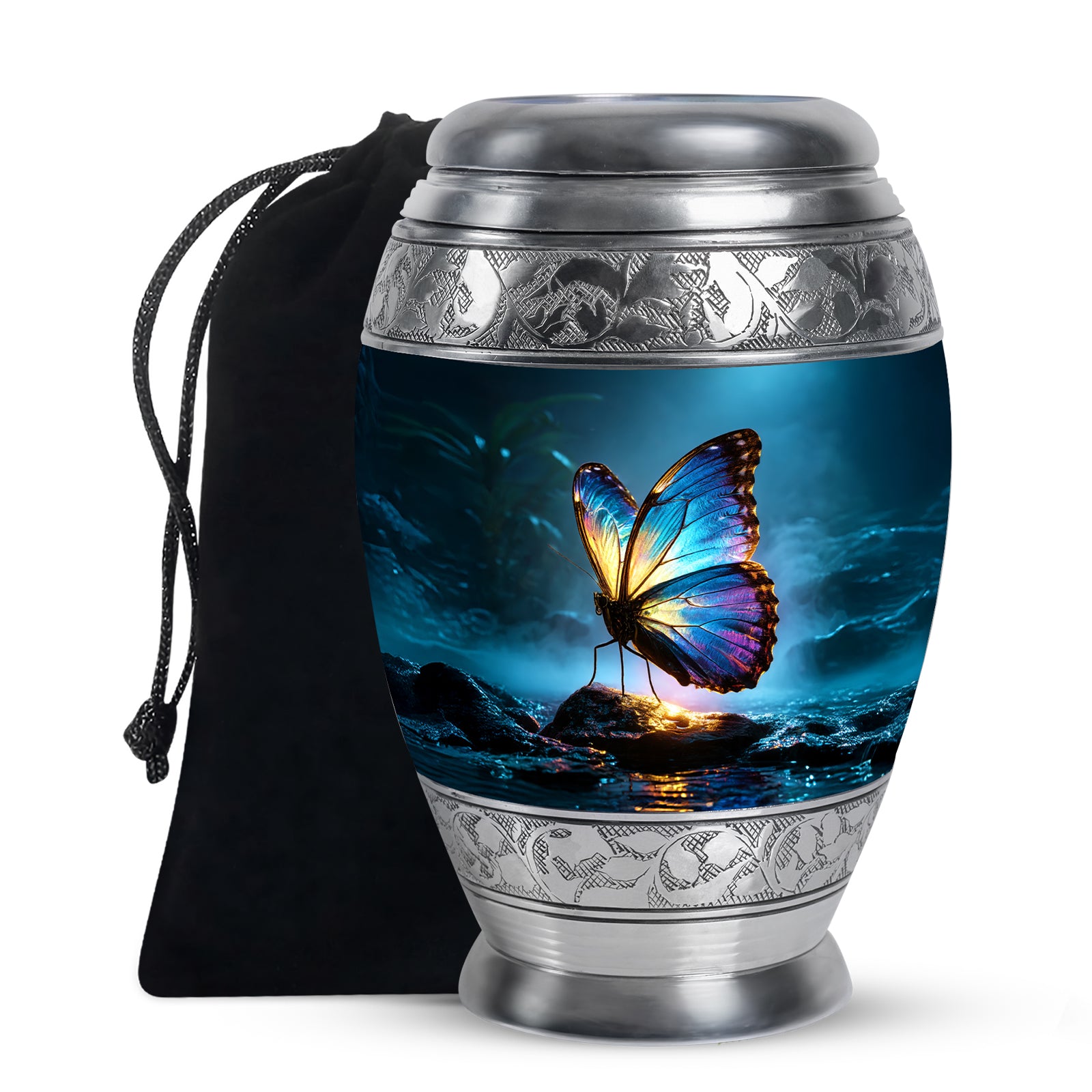 Celestial Blue Butterfly Cremation Urn back view with polished surface - ornate monarch-style butterfly relief on brushed aluminum - full-size 10 inch 200 cubic inch adult cremation urn