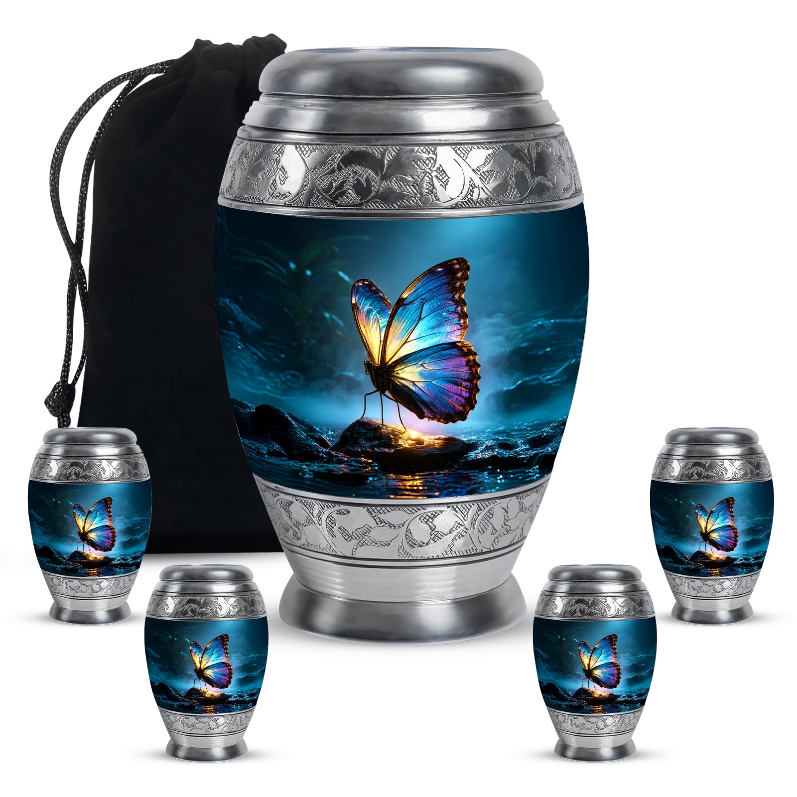 Twilight Blue Butterfly Cremation Urn detail view - royal butterfly engraving with decorative scrollwork - memorial set with one large and four small urns