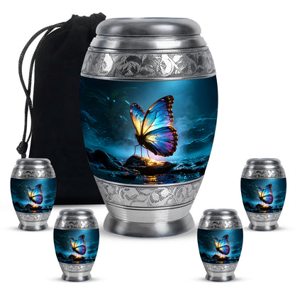 Twilight Blue Butterfly Cremation Urn detail view - royal butterfly engraving with decorative scrollwork - memorial set with one large and four small urns