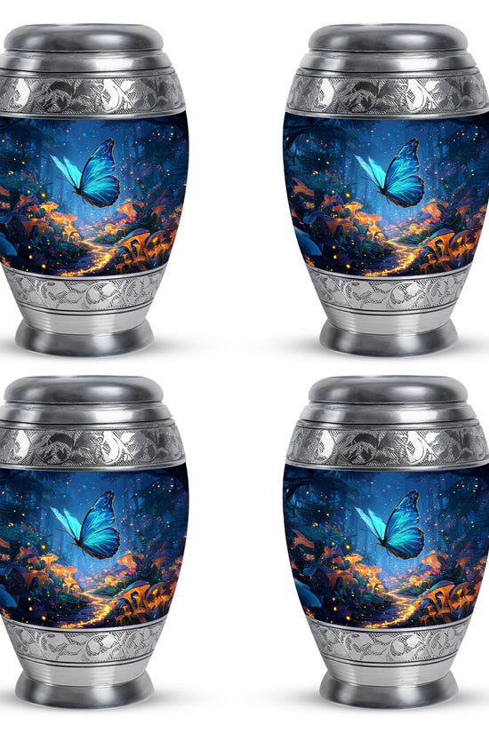 Steel Blue Butterfly Cremation Urn urn with complimentary velvet bag - majestic butterfly pattern with filigree border - 10 inch aluminum urn for cremated remains