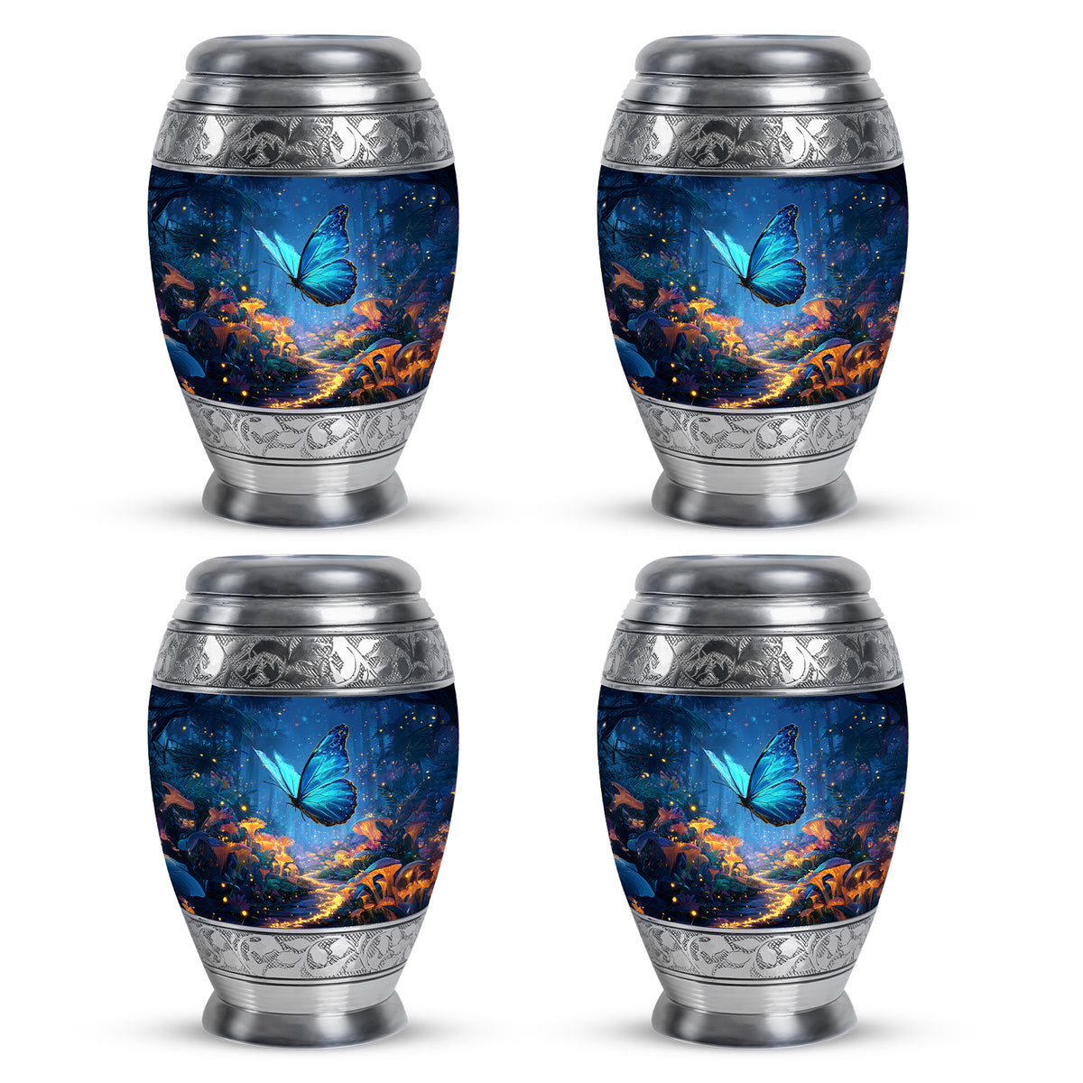 Steel Blue Butterfly Cremation Urn urn with complimentary velvet bag - majestic butterfly pattern with filigree border - 10 inch aluminum urn for cremated remains
