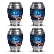 Steel Blue Butterfly Cremation Urn urn with complimentary velvet bag - majestic butterfly pattern with filigree border - 10 inch aluminum urn for cremated remains
