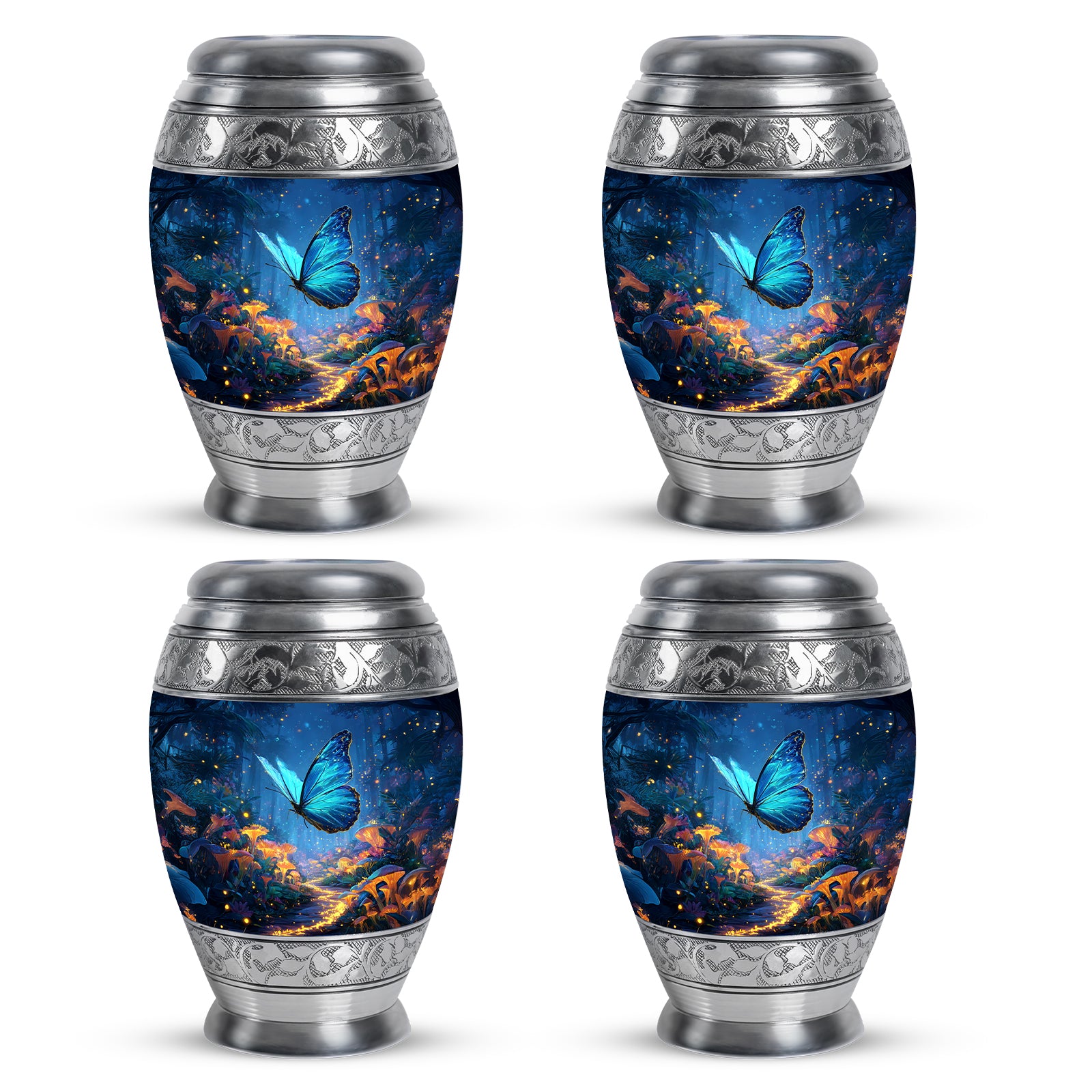 Steel Blue Butterfly Cremation Urn urn with complimentary velvet bag - majestic butterfly pattern with filigree border - 10 inch aluminum urn for cremated remains