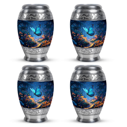 Steel Blue Butterfly Cremation Urn urn with complimentary velvet bag - majestic butterfly pattern with filigree border - 10 inch aluminum urn for cremated remains
