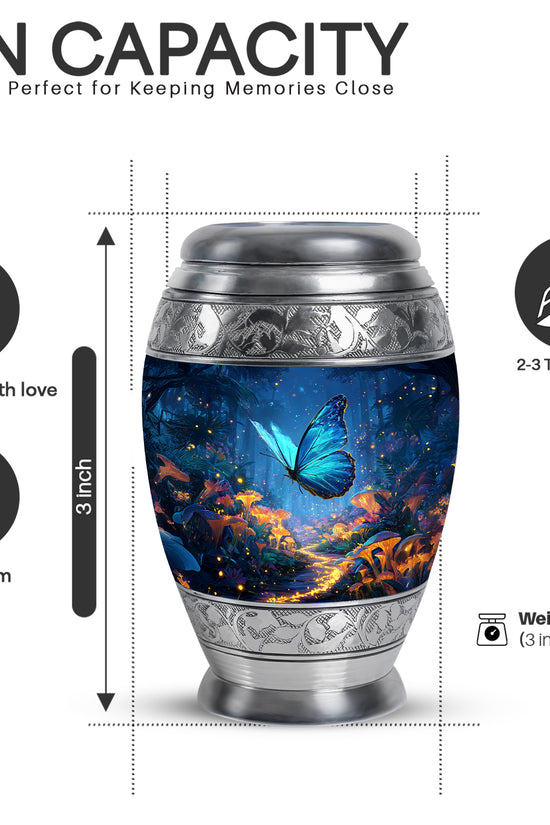 Dusty Blue Butterfly Cremation Urn lifestyle display on memorial shelf - regal butterfly design with crown-inspired accents - mini keepsake memorial for portion of cremation ashes