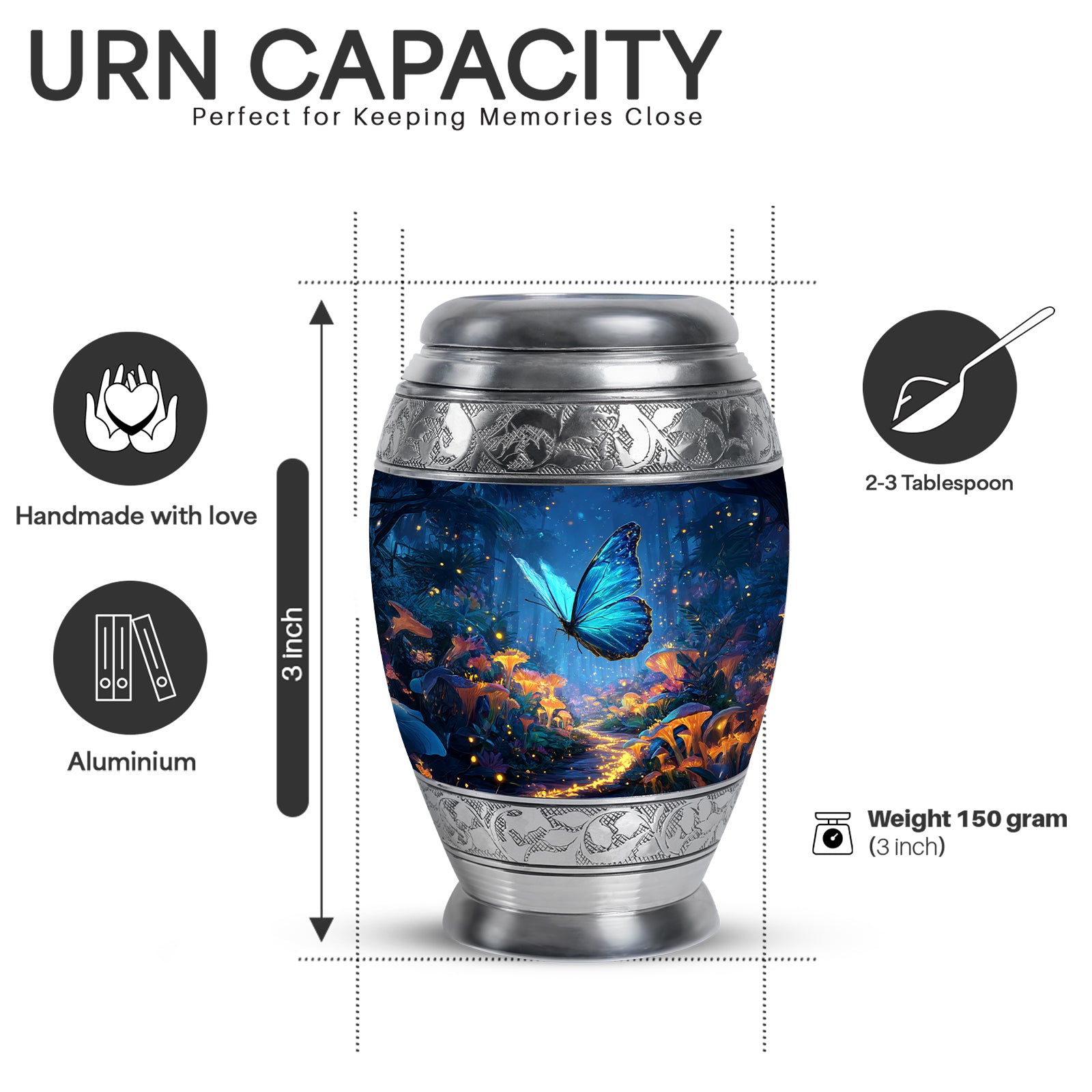 Dusty Blue Butterfly Cremation Urn lifestyle display on memorial shelf - regal butterfly design with crown-inspired accents - mini keepsake memorial for portion of cremation ashes