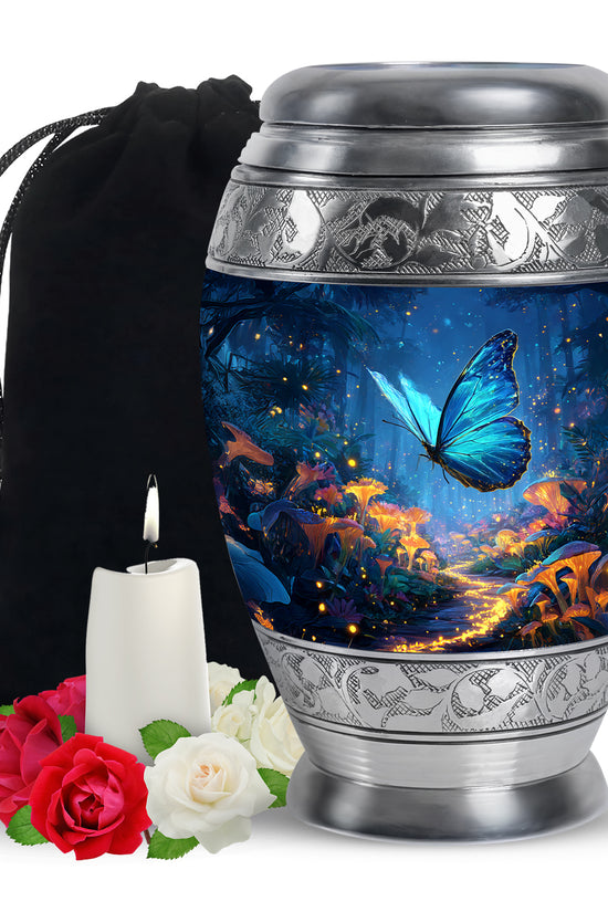Azure Butterfly Cremation Urn back view with polished surface - ornate monarch-style butterfly relief on brushed aluminum - full-size 10 inch 200 cubic inch adult cremation urn