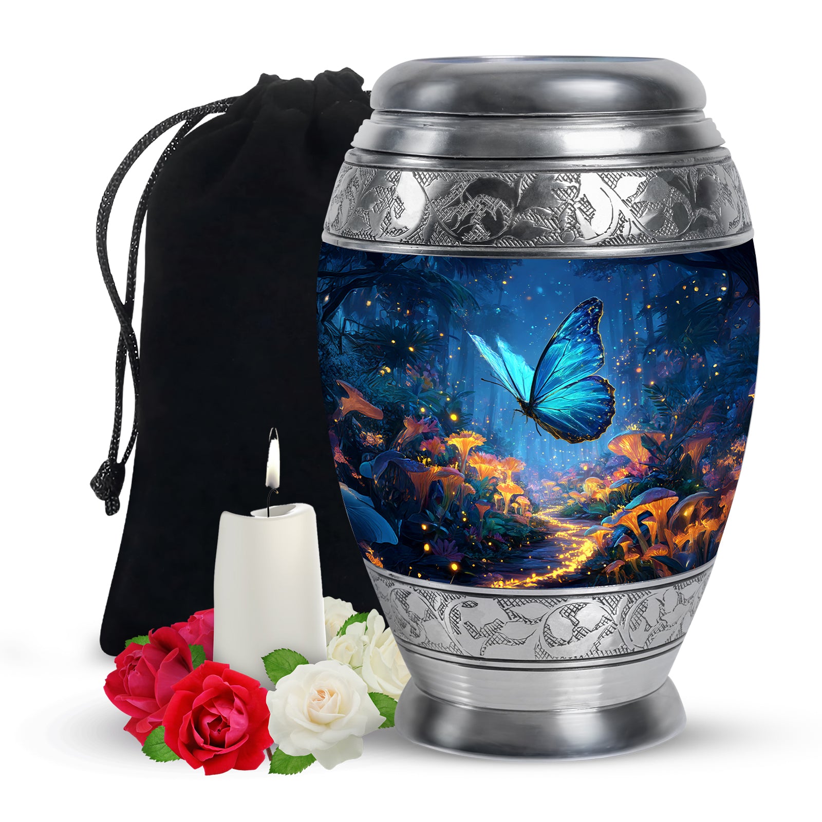Azure Butterfly Cremation Urn back view with polished surface - ornate monarch-style butterfly relief on brushed aluminum - full-size 10 inch 200 cubic inch adult cremation urn