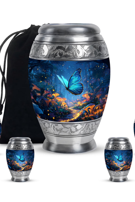 Pastel Blue Butterfly Cremation Urn detail view - ornate monarch-style butterfly relief on brushed aluminum - memorial set with one large and four small urns