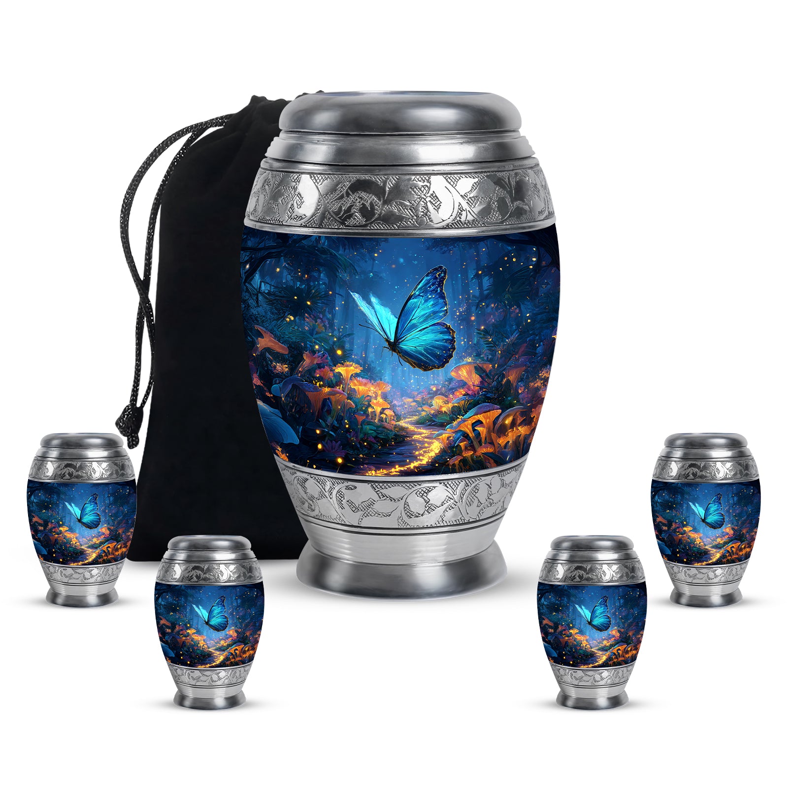 Pastel Blue Butterfly Cremation Urn detail view - ornate monarch-style butterfly relief on brushed aluminum - memorial set with one large and four small urns