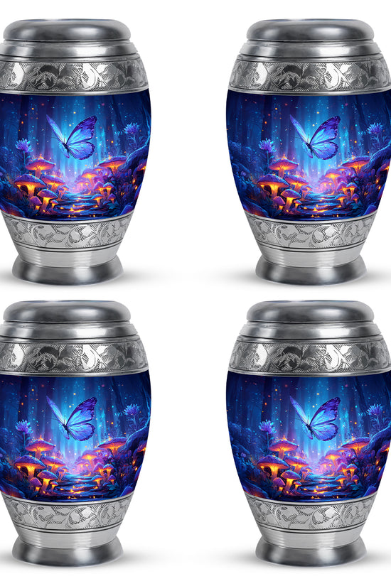 Soft Blue Butterfly Cremation Urn urn with complimentary velvet bag - majestic butterfly pattern with filigree border - 10 inch aluminum urn for cremated remains