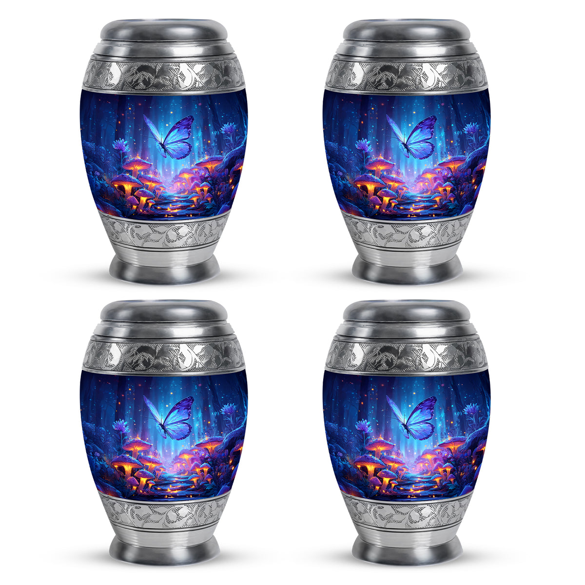 Soft Blue Butterfly Cremation Urn urn with complimentary velvet bag - majestic butterfly pattern with filigree border - 10 inch aluminum urn for cremated remains