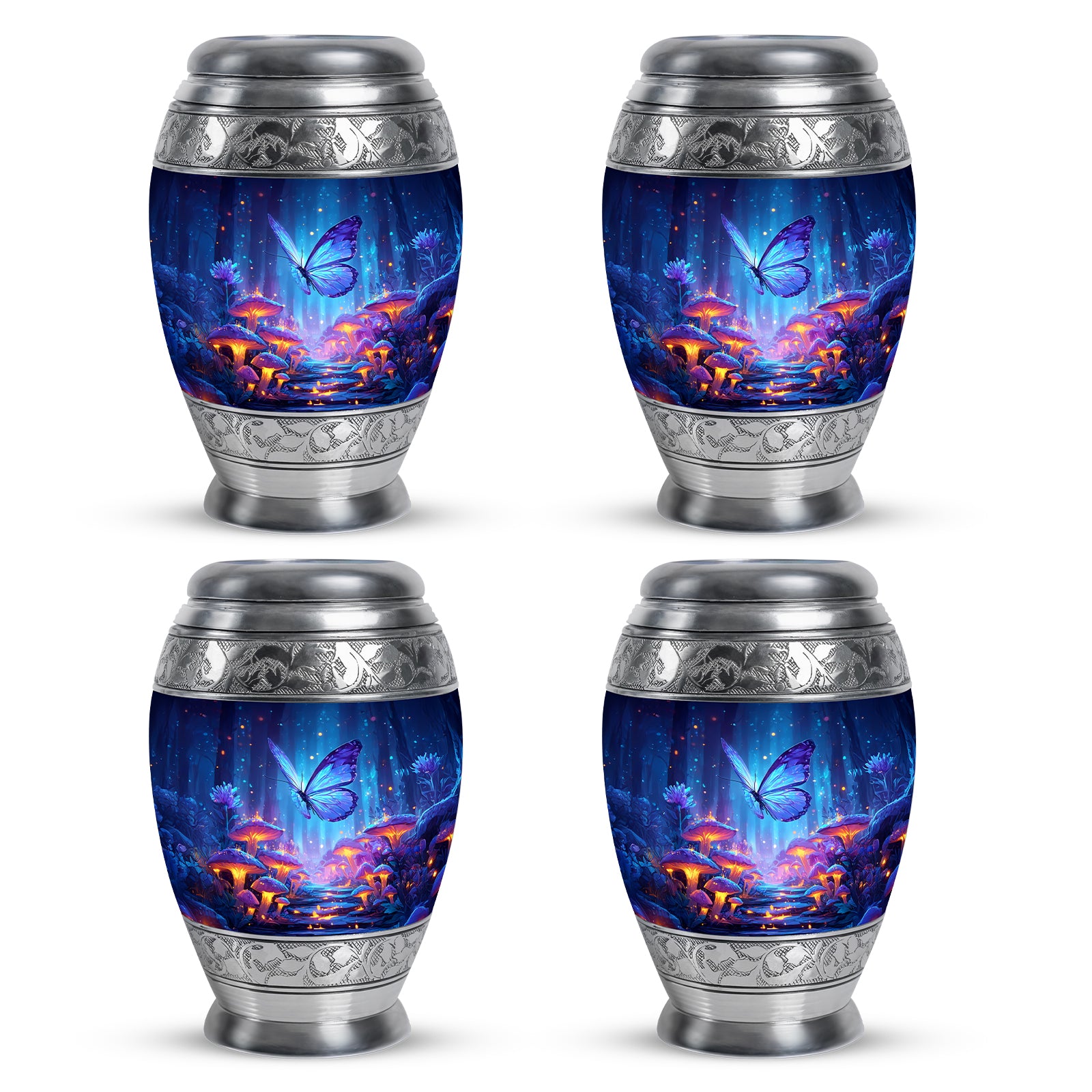 Soft Blue Butterfly Cremation Urn urn with complimentary velvet bag - majestic butterfly pattern with filigree border - 10 inch aluminum urn for cremated remains