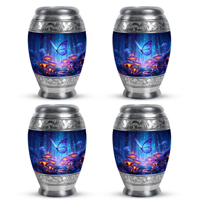 Soft Blue Butterfly Cremation Urn urn with complimentary velvet bag - majestic butterfly pattern with filigree border - 10 inch aluminum urn for cremated remains