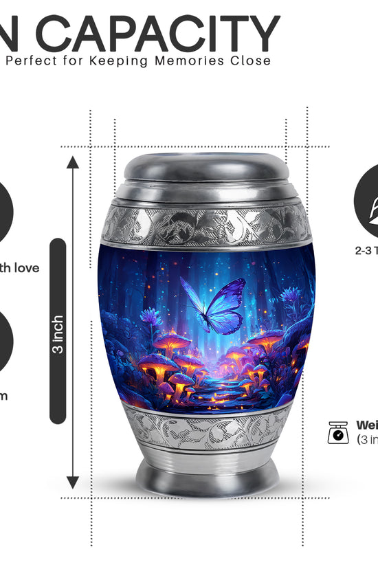 Twilight Blue Butterfly Cremation Urn lifestyle display on memorial shelf - royal butterfly engraving with decorative scrollwork - mini keepsake memorial for portion of cremation ashes