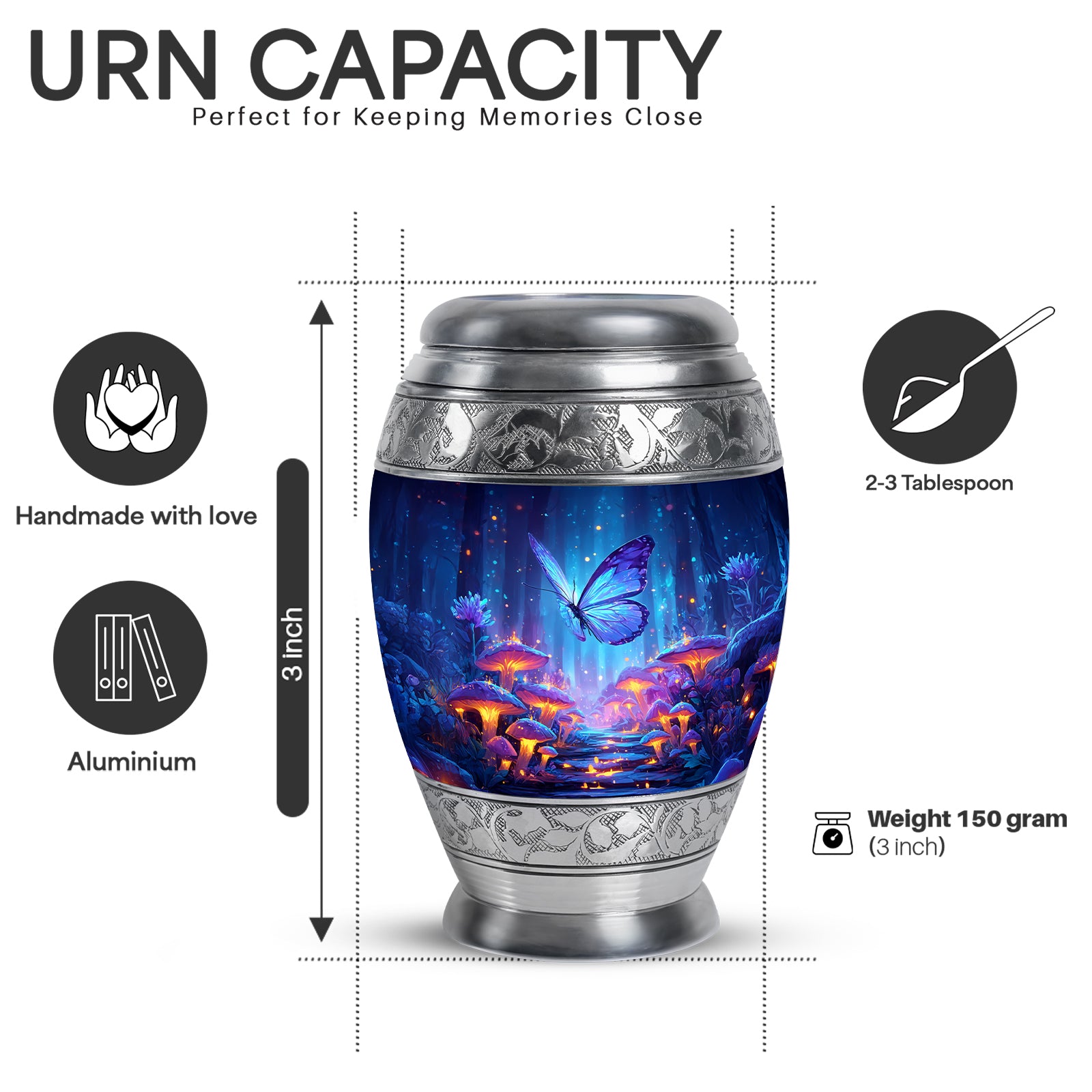 Twilight Blue Butterfly Cremation Urn lifestyle display on memorial shelf - royal butterfly engraving with decorative scrollwork - mini keepsake memorial for portion of cremation ashes