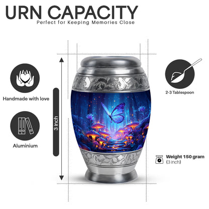 Twilight Blue Butterfly Cremation Urn lifestyle display on memorial shelf - royal butterfly engraving with decorative scrollwork - mini keepsake memorial for portion of cremation ashes