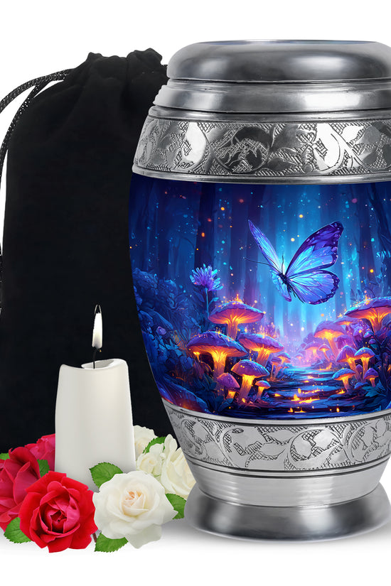 Cobalt Blue Butterfly Cremation Urn back view with polished surface - royal butterfly engraving with decorative scrollwork - full-size 10 inch 200 cubic inch adult cremation urn