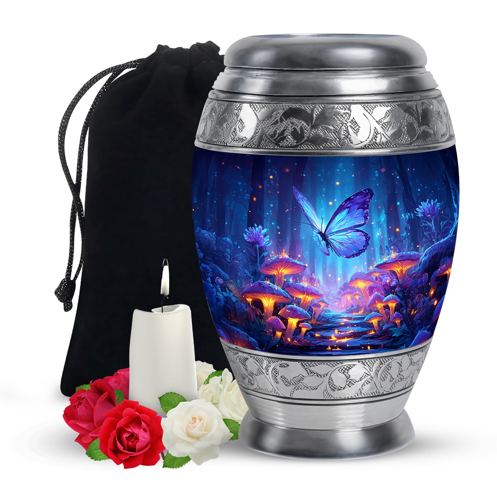 Cobalt Blue Butterfly Cremation Urn back view with polished surface - royal butterfly engraving with decorative scrollwork - full-size 10 inch 200 cubic inch adult cremation urn