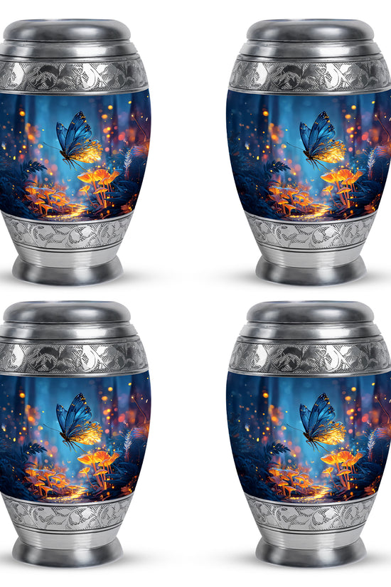 Cornflower Blue Butterfly Cremation Urn urn with complimentary velvet bag - majestic butterfly pattern with filigree border - 10 inch aluminum urn for cremated remains