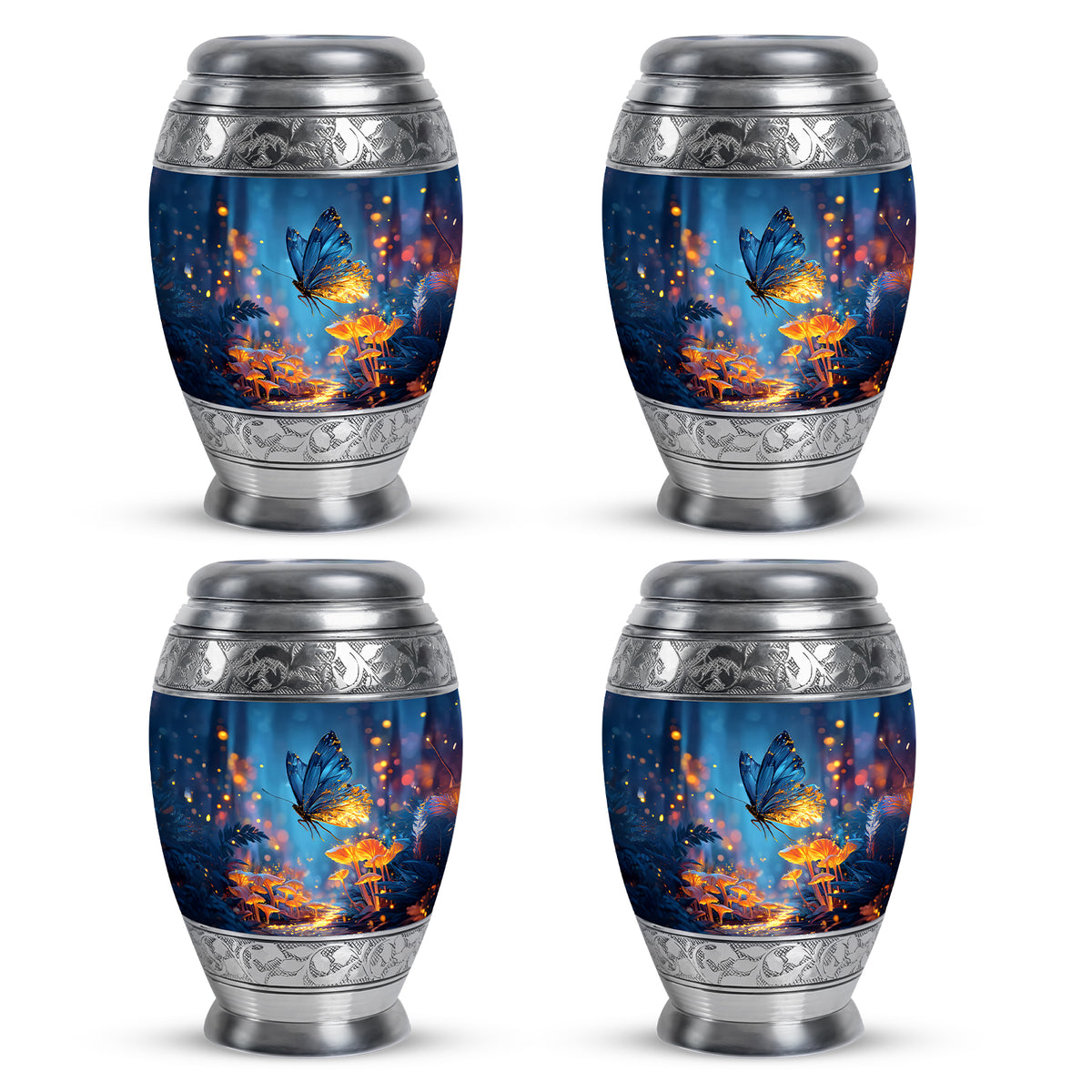 Cornflower Blue Butterfly Cremation Urn urn with complimentary velvet bag - majestic butterfly pattern with filigree border - 10 inch aluminum urn for cremated remains
