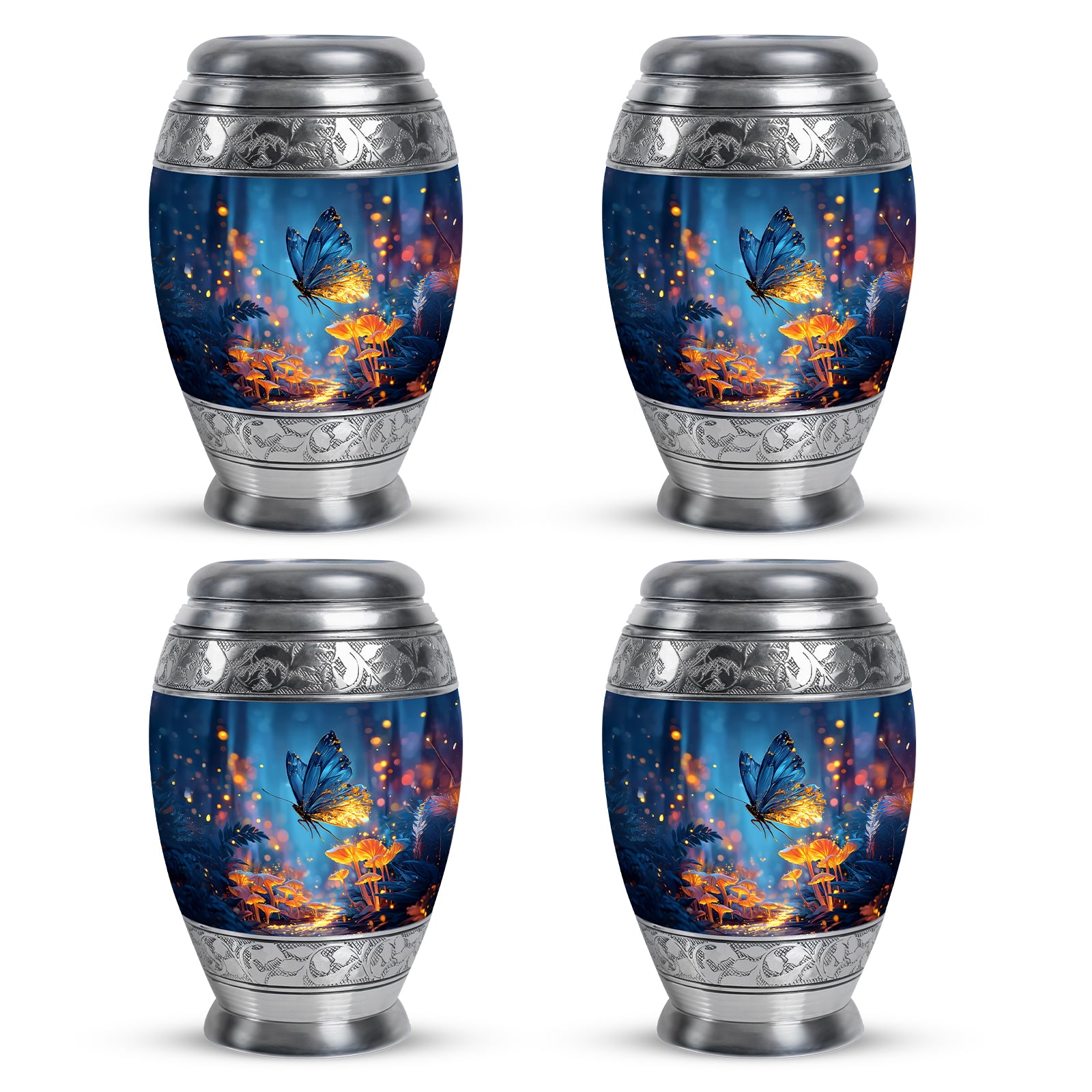 Cornflower Blue Butterfly Cremation Urn urn with complimentary velvet bag - majestic butterfly pattern with filigree border - 10 inch aluminum urn for cremated remains