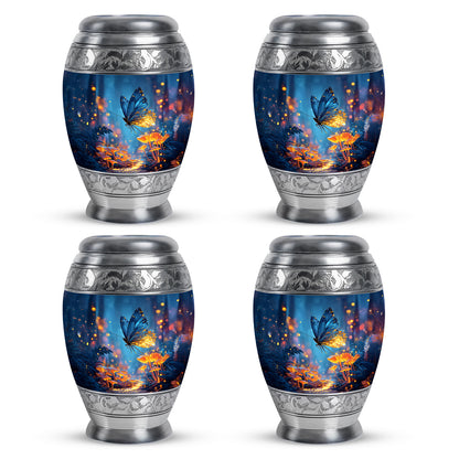 Cornflower Blue Butterfly Cremation Urn urn with complimentary velvet bag - majestic butterfly pattern with filigree border - 10 inch aluminum urn for cremated remains