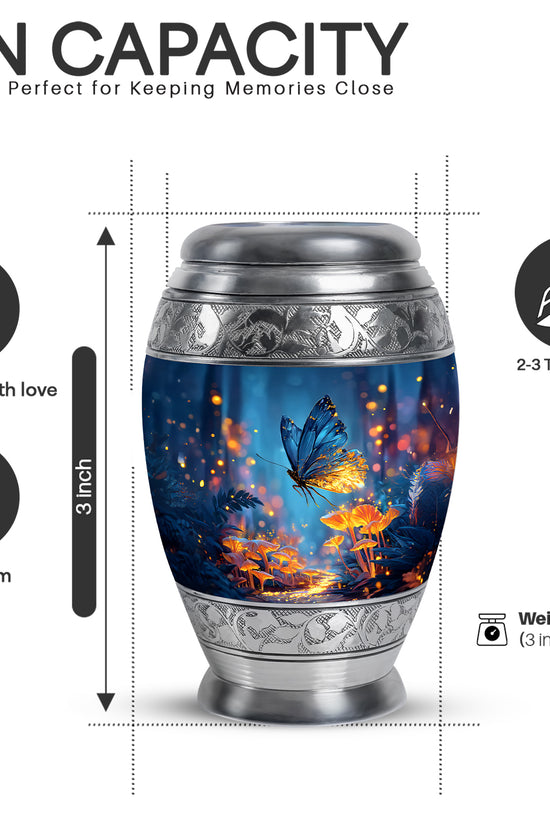 Bright Blue Butterfly Cremation Urn lifestyle display on memorial shelf - royal butterfly engraving with decorative scrollwork - mini keepsake memorial for portion of cremation ashes