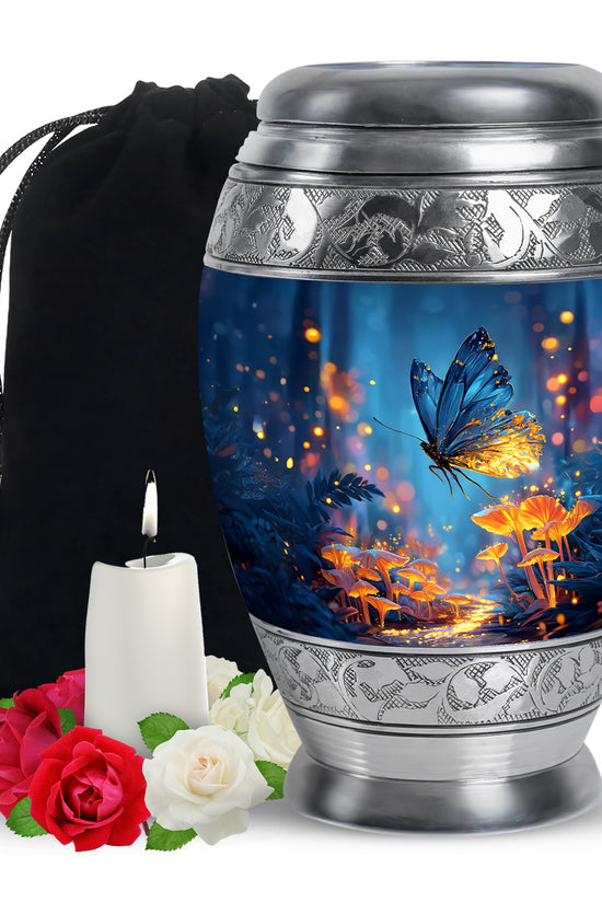 Navy Blue Butterfly Cremation Urn back view with polished surface - regal butterfly design with crown-inspired accents - full-size 10 inch 200 cubic inch adult cremation urn