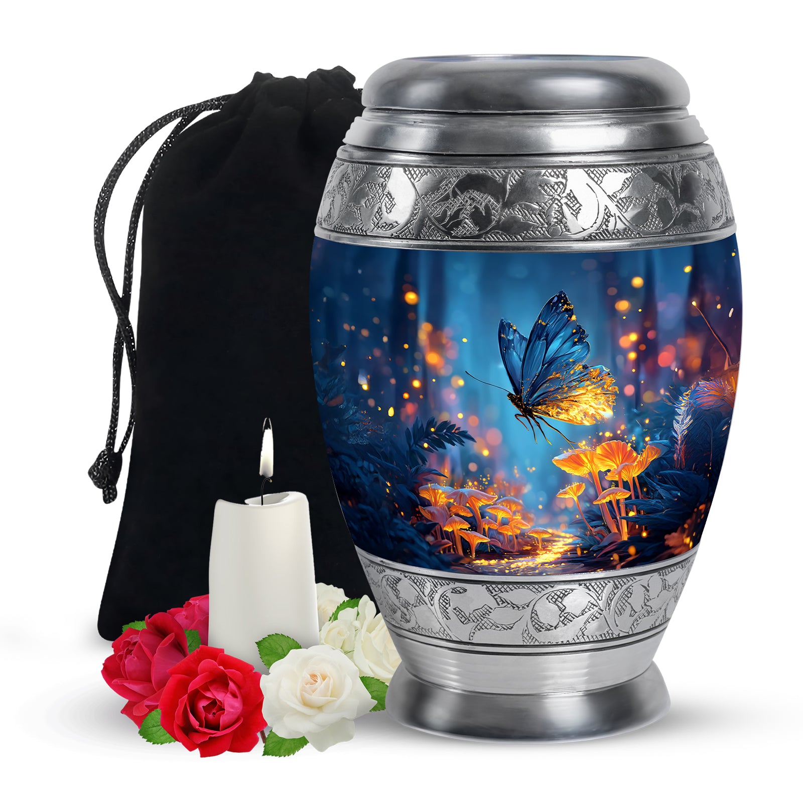 Navy Blue Butterfly Cremation Urn back view with polished surface - regal butterfly design with crown-inspired accents - full-size 10 inch 200 cubic inch adult cremation urn