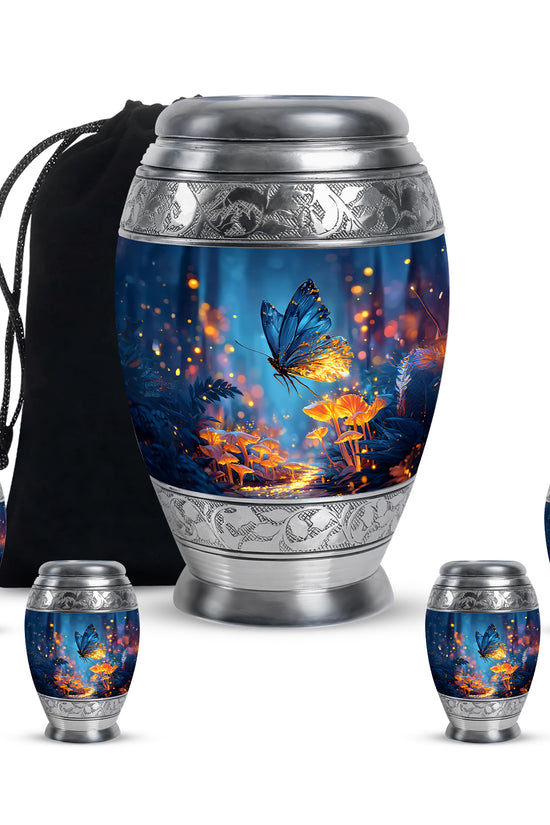 Vivid Blue Butterfly Cremation Urn detail view - royal butterfly engraving with decorative scrollwork - memorial set with one large and four small urns
