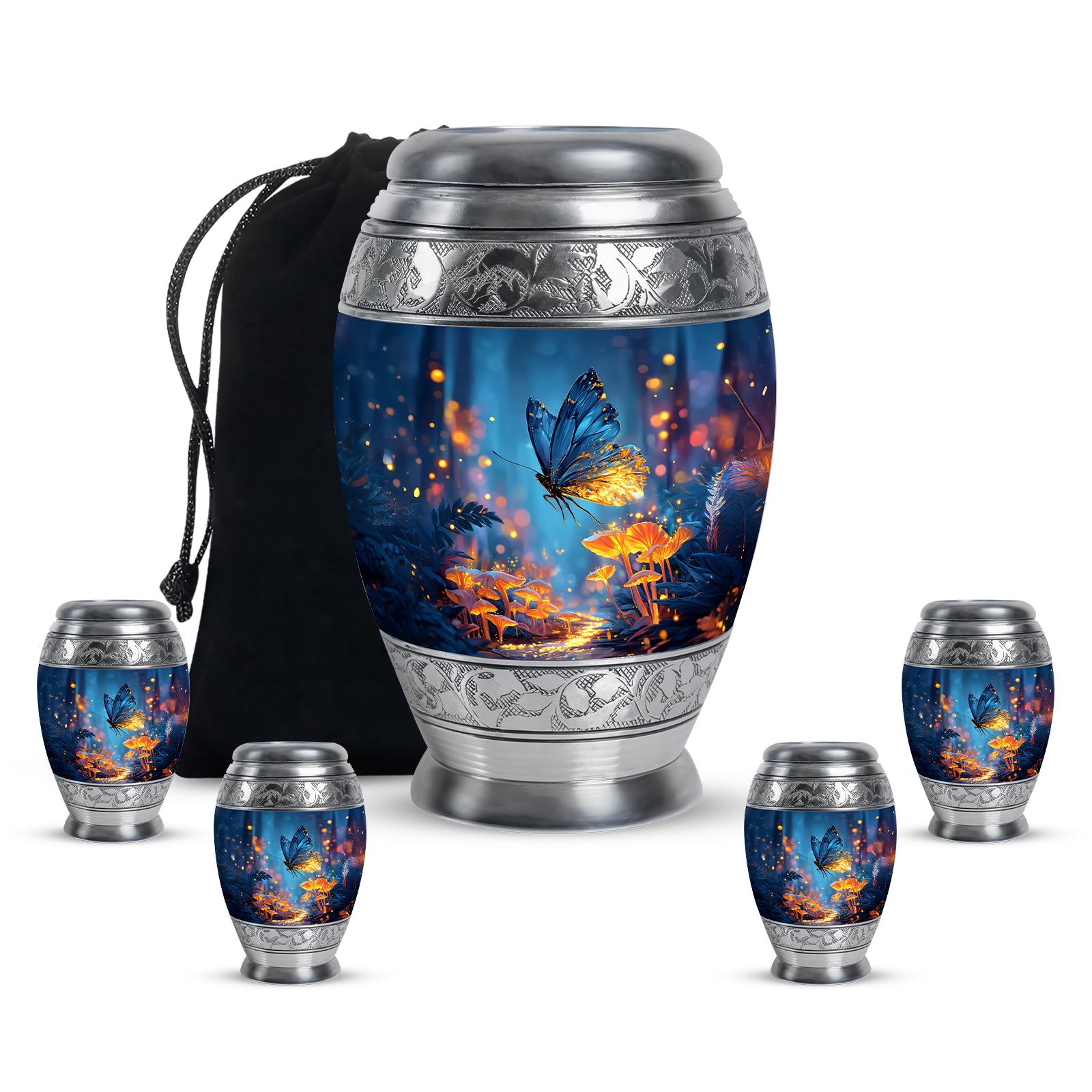 Vivid Blue Butterfly Cremation Urn detail view - royal butterfly engraving with decorative scrollwork - memorial set with one large and four small urns