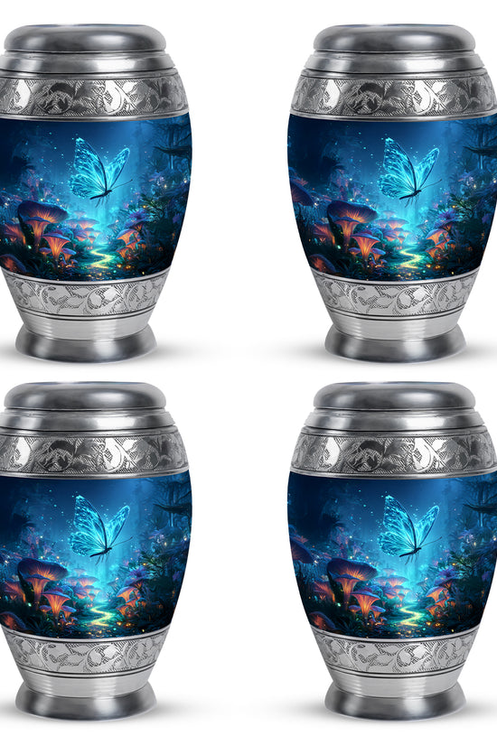 Navy Blue Butterfly Cremation Urn urn with complimentary velvet bag - regal butterfly design with crown-inspired accents - 10 inch aluminum urn for cremated remains