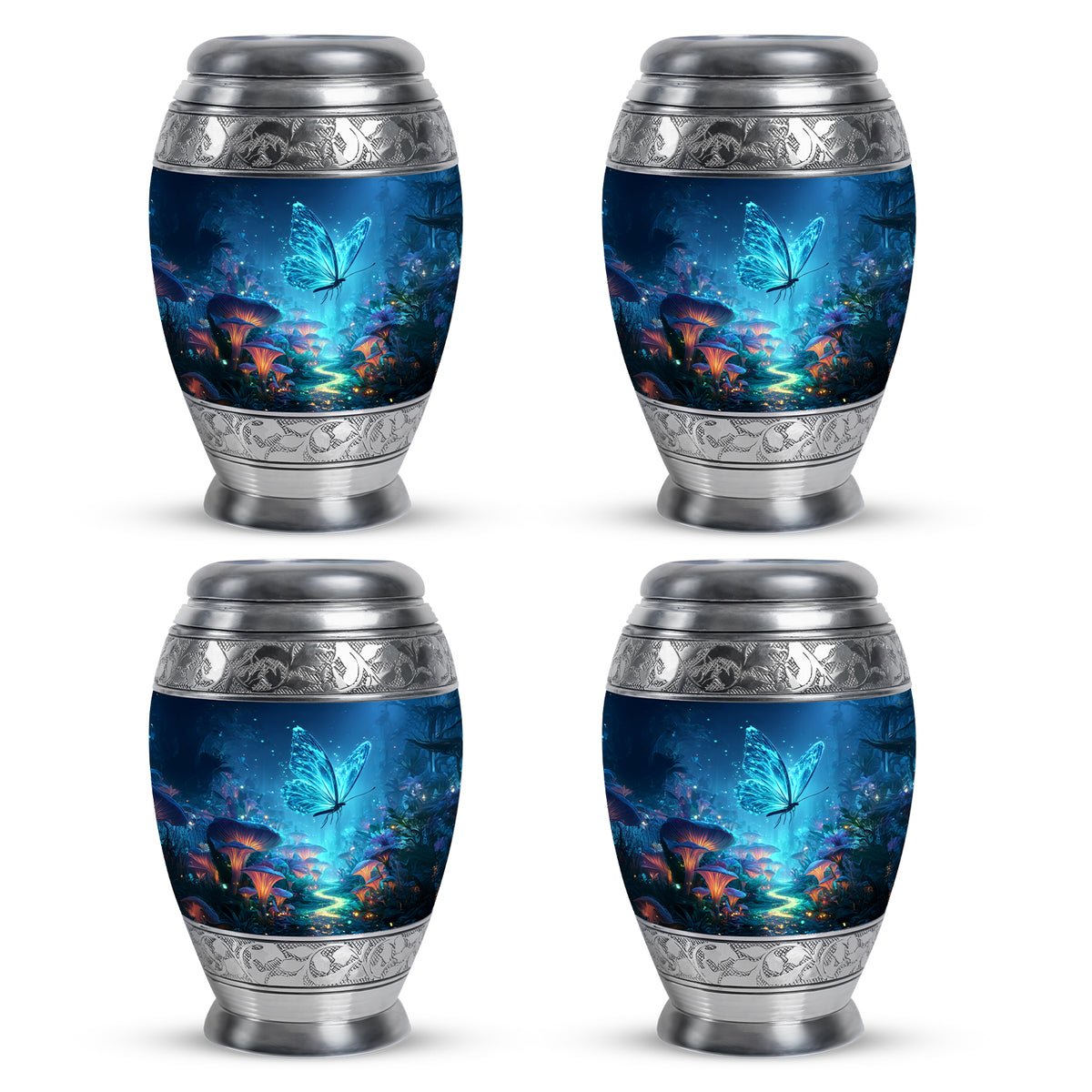 Navy Blue Butterfly Cremation Urn urn with complimentary velvet bag - regal butterfly design with crown-inspired accents - 10 inch aluminum urn for cremated remains