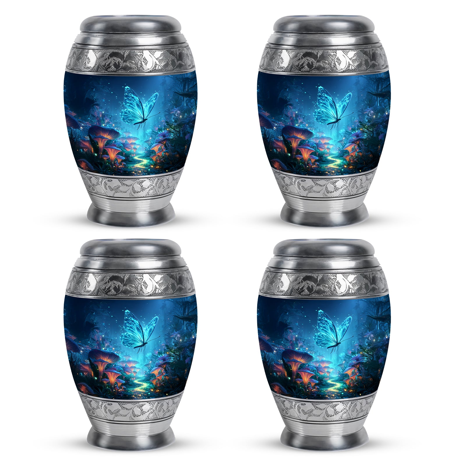 Navy Blue Butterfly Cremation Urn urn with complimentary velvet bag - regal butterfly design with crown-inspired accents - 10 inch aluminum urn for cremated remains