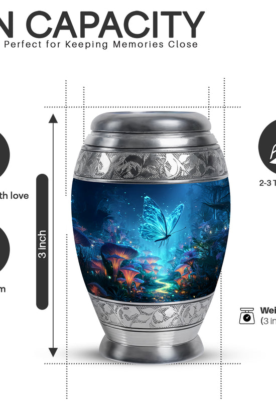 Steel Blue Butterfly Cremation Urn lifestyle display on memorial shelf - royal butterfly engraving with decorative scrollwork - mini keepsake memorial for portion of cremation ashes