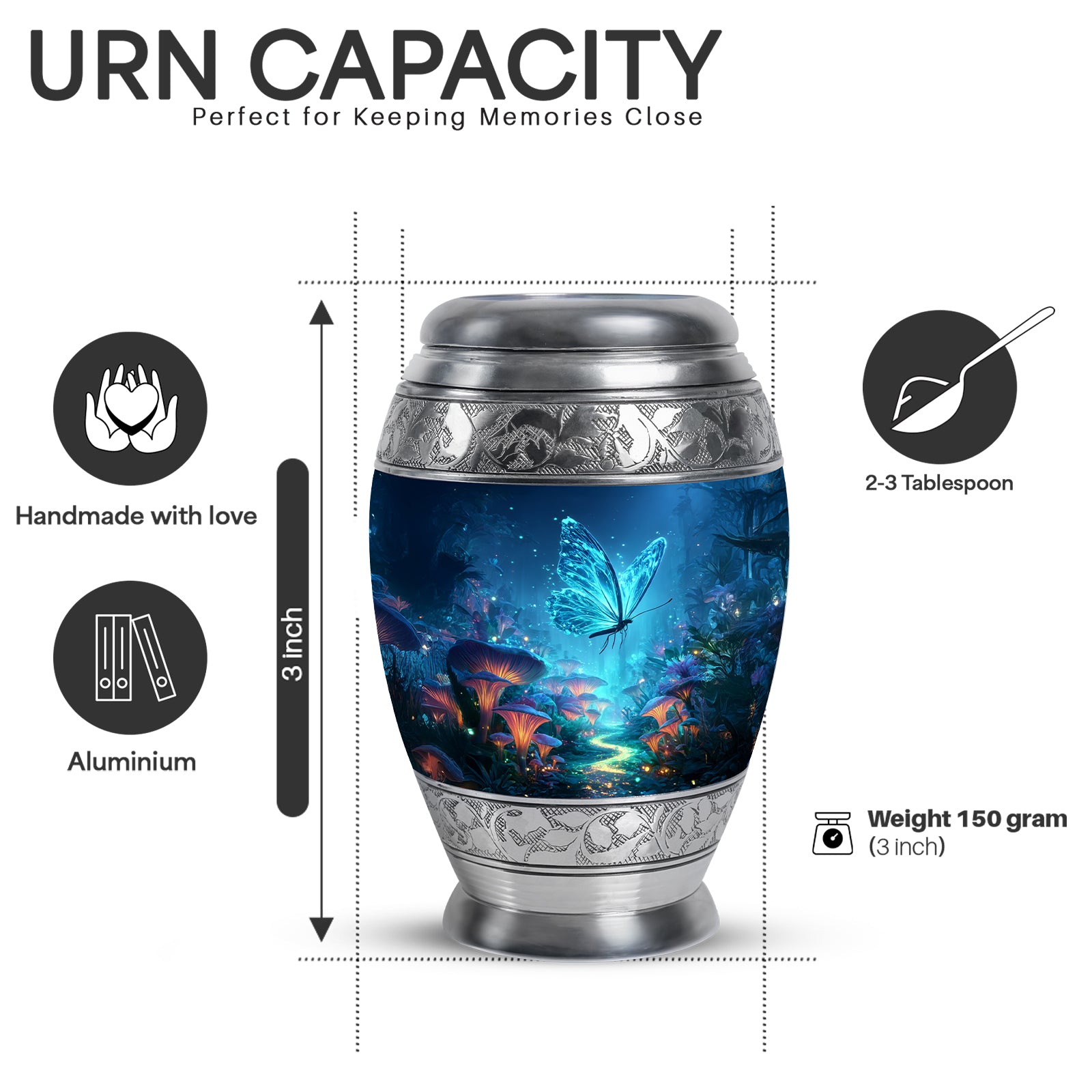 Steel Blue Butterfly Cremation Urn lifestyle display on memorial shelf - royal butterfly engraving with decorative scrollwork - mini keepsake memorial for portion of cremation ashes