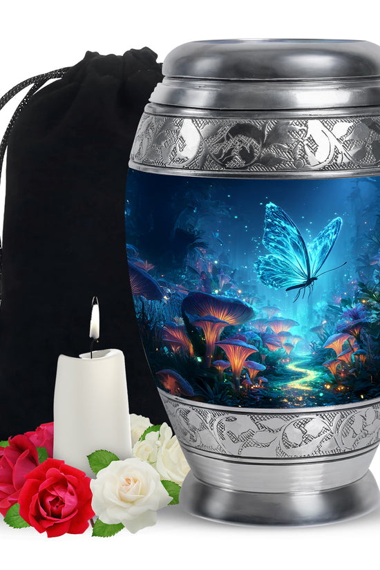 Slate Blue Butterfly Cremation Urn back view with polished surface - ornate monarch-style butterfly relief on brushed aluminum - full-size 10 inch 200 cubic inch adult cremation urn