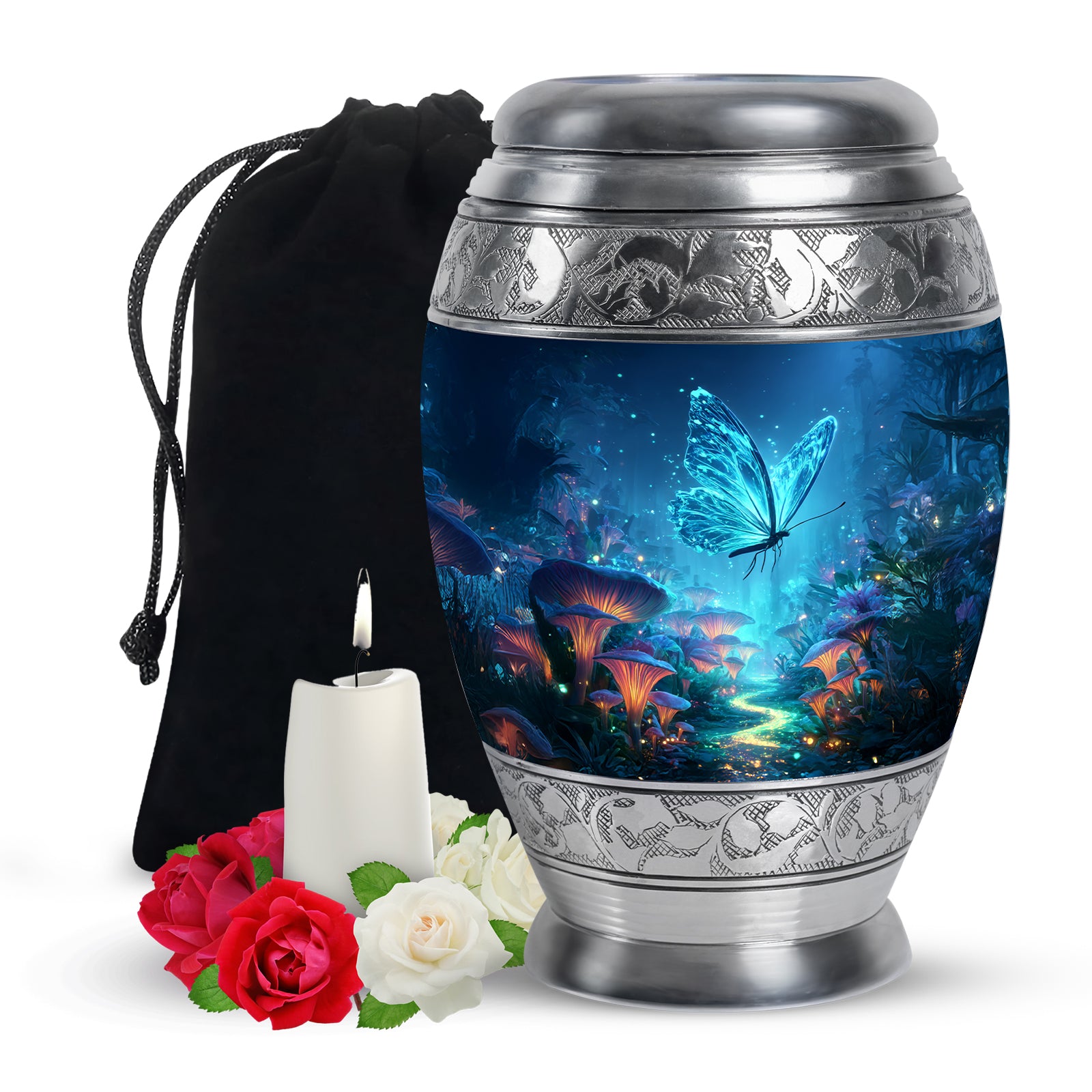 Slate Blue Butterfly Cremation Urn back view with polished surface - ornate monarch-style butterfly relief on brushed aluminum - full-size 10 inch 200 cubic inch adult cremation urn
