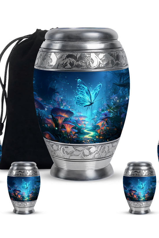 Vivid Blue Butterfly Cremation Urn detail view - royal butterfly engraving with decorative scrollwork - memorial set with one large and four small urns