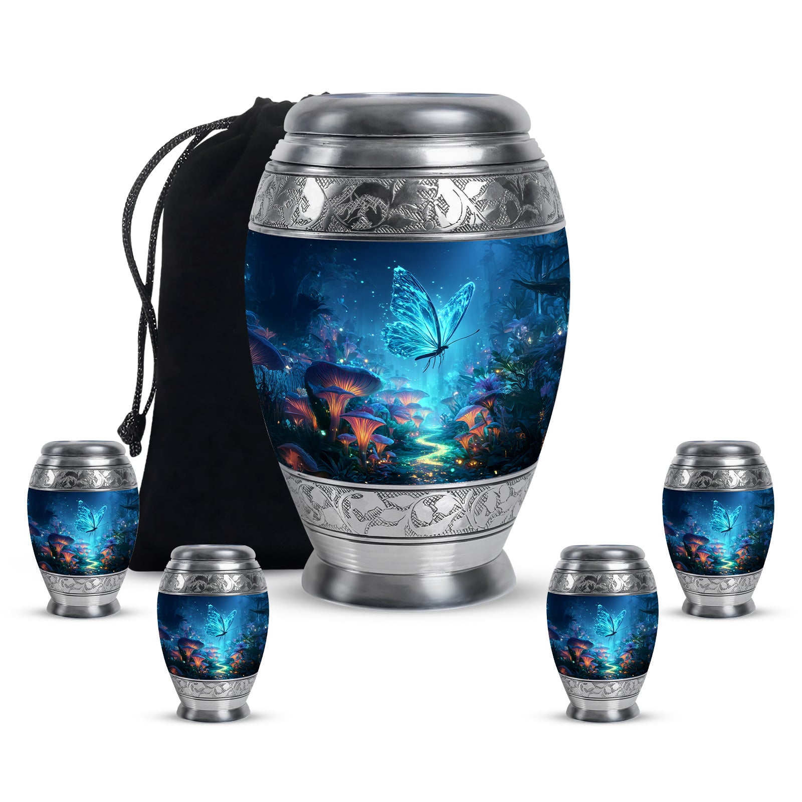Vivid Blue Butterfly Cremation Urn detail view - royal butterfly engraving with decorative scrollwork - memorial set with one large and four small urns